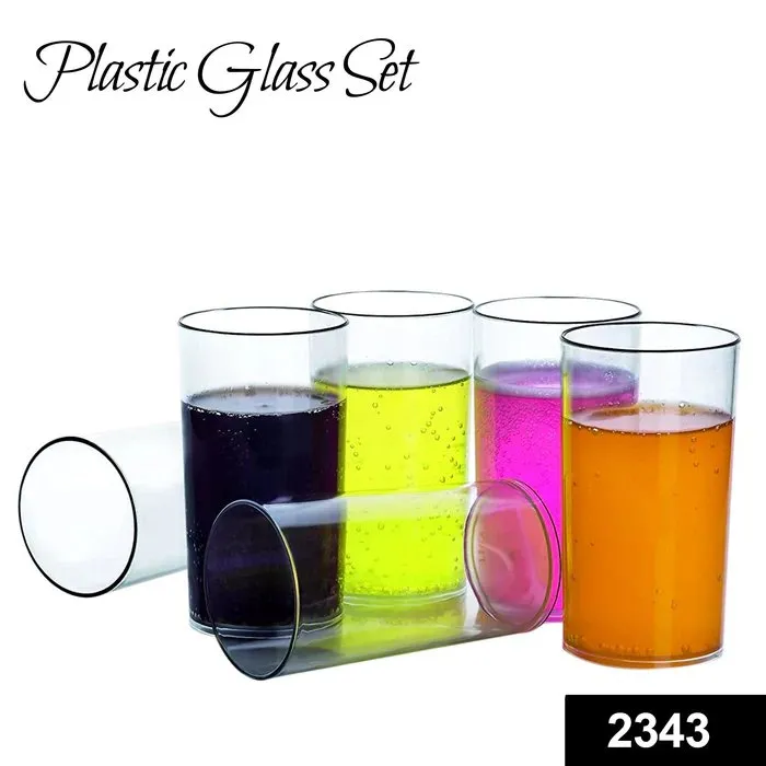 2343 HEAVY UNBREAKABLE STYLISH PLASTIC CLEAR LOOK FULLY TRANSPARENT GLASSES SET 330ML (6PCS)