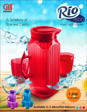 3047 Water Roi Pet Jug set of 1 jug & 3 glasses (Multi-colour)-1.5 ltr