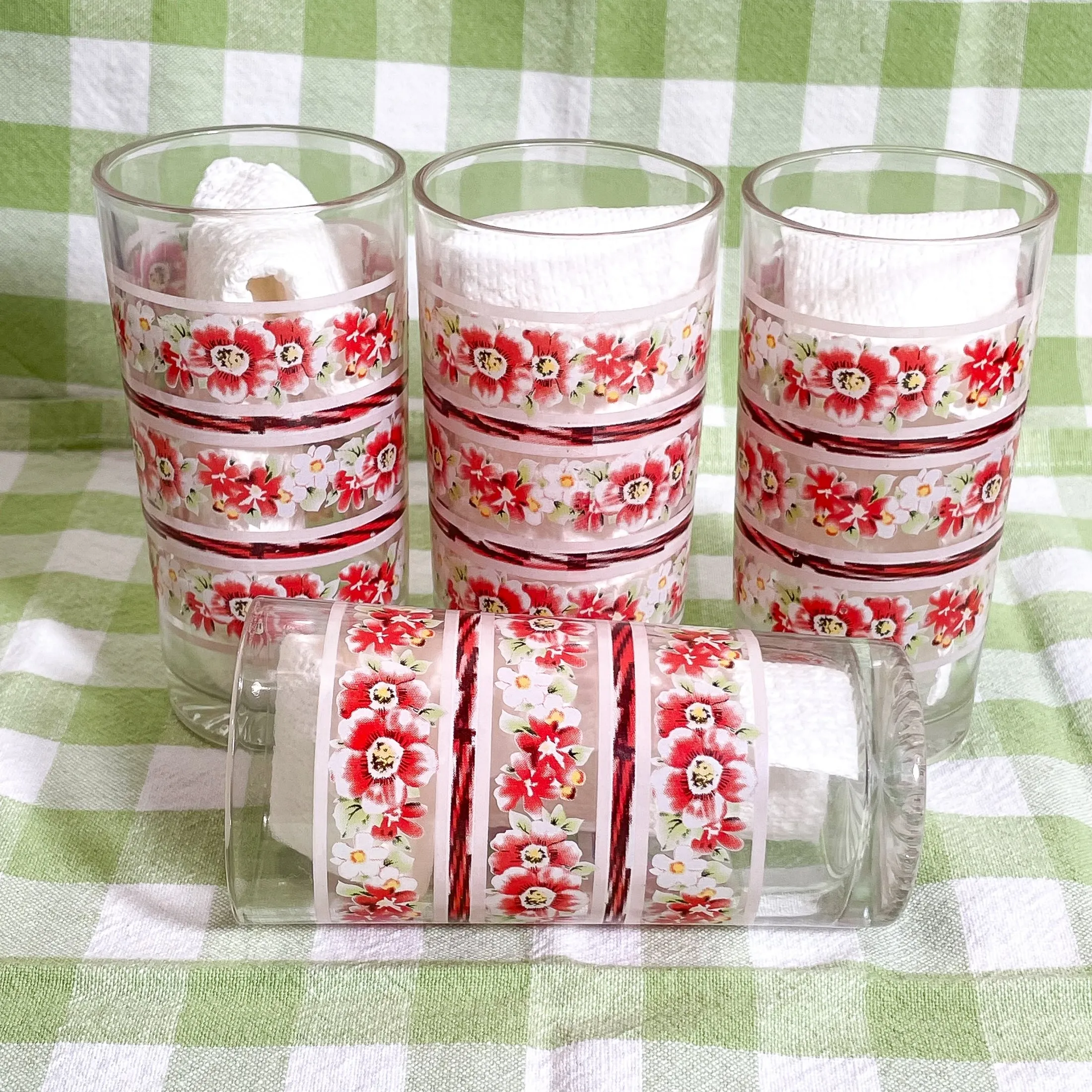 4 Vintage Flower Print Small Drinking Glasses, Set of 4 Juice Glasses