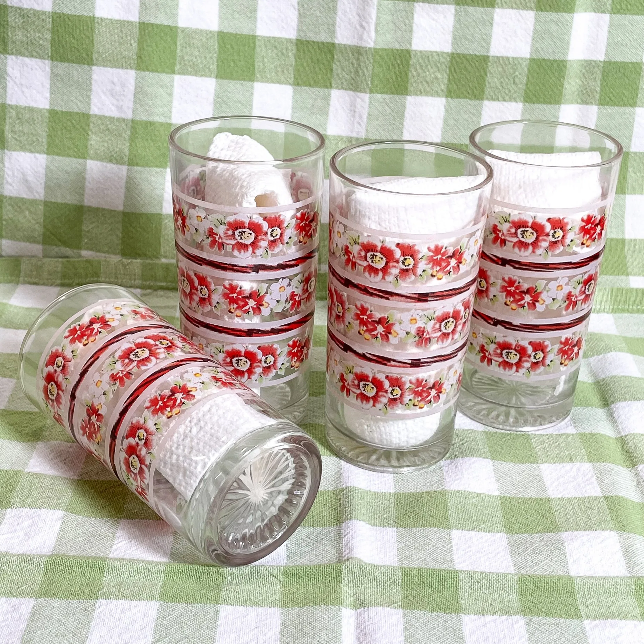 4 Vintage Flower Print Small Drinking Glasses, Set of 4 Juice Glasses