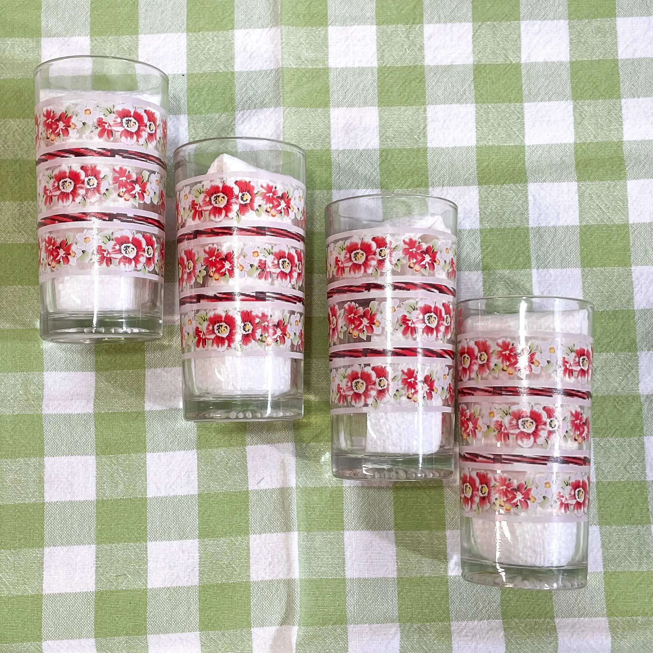 4 Vintage Flower Print Small Drinking Glasses, Set of 4 Juice Glasses