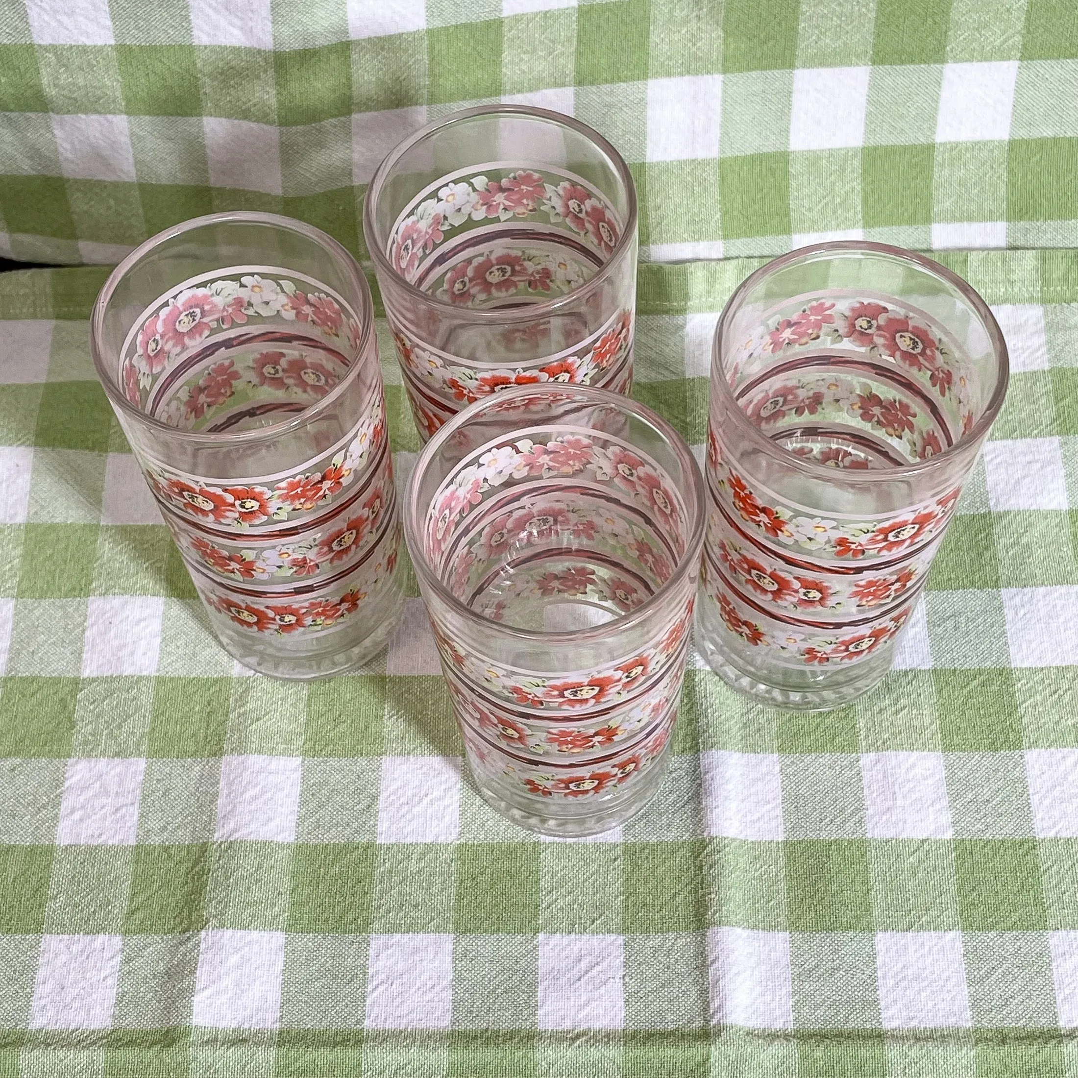 4 Vintage Flower Print Small Drinking Glasses, Set of 4 Juice Glasses