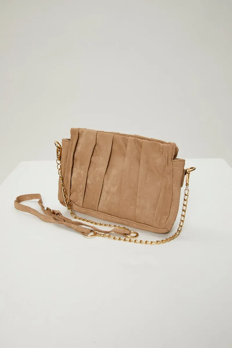 Beige Pleated Front Chain Strap Handbag