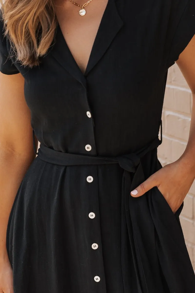 Black Button Down Tie Midi Dress