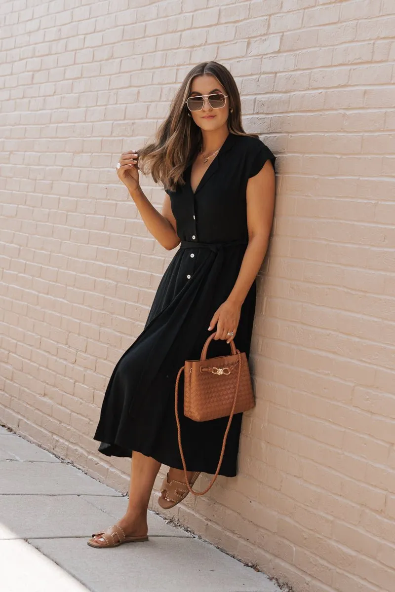 Black Button Down Tie Midi Dress