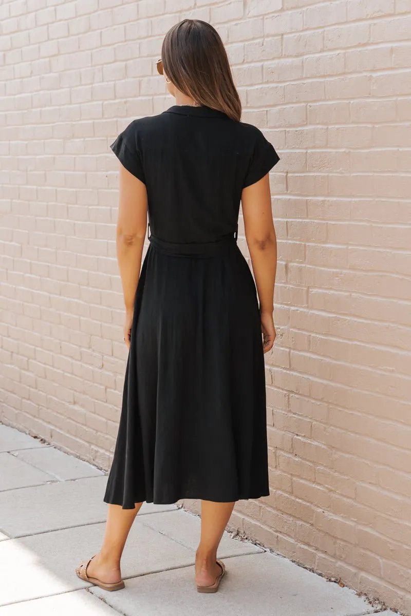 Black Button Down Tie Midi Dress