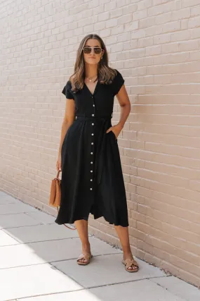 Black Button Down Tie Midi Dress