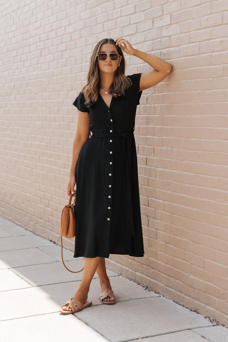 Black Button Down Tie Midi Dress