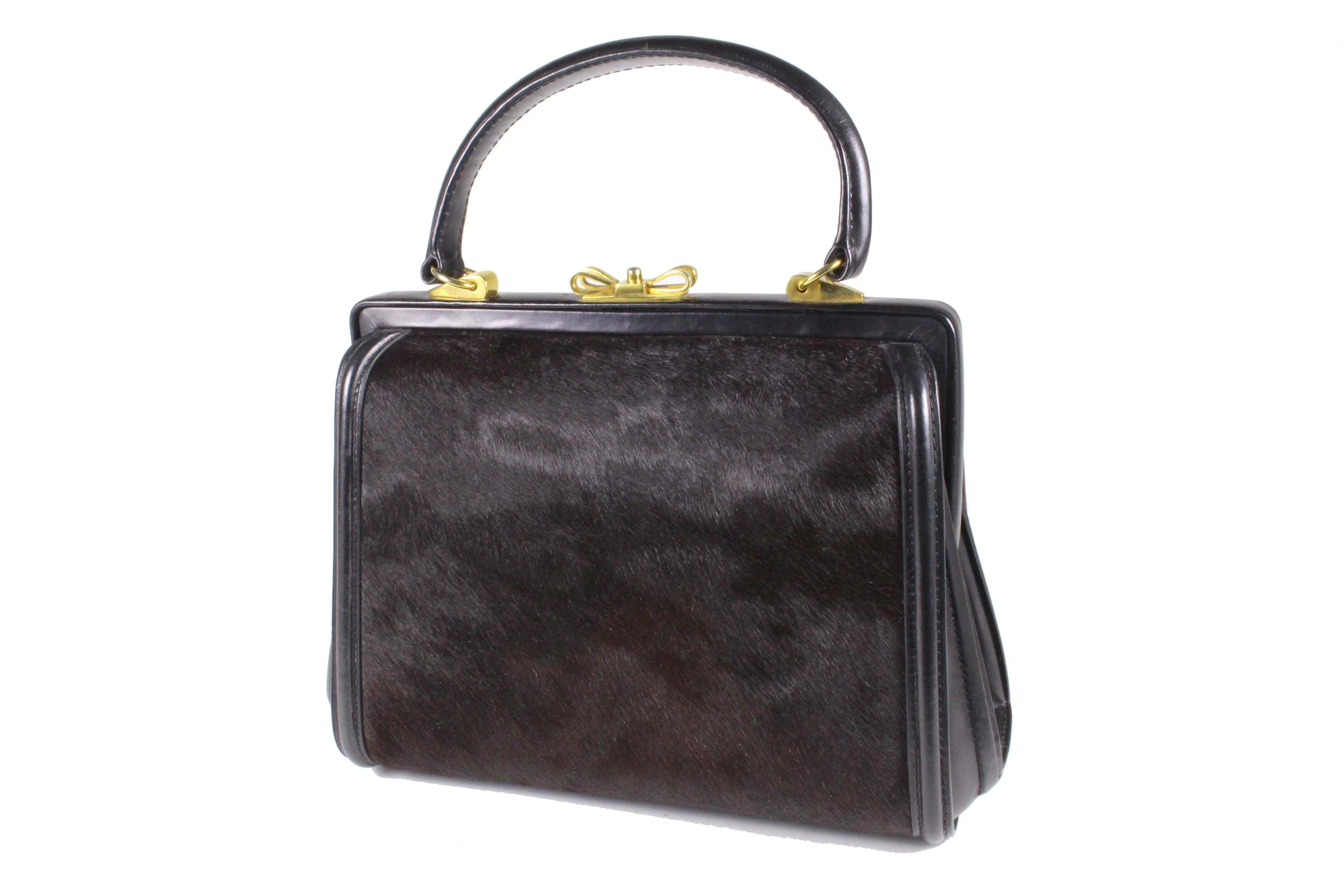 Black leather and brown fur frame handbag