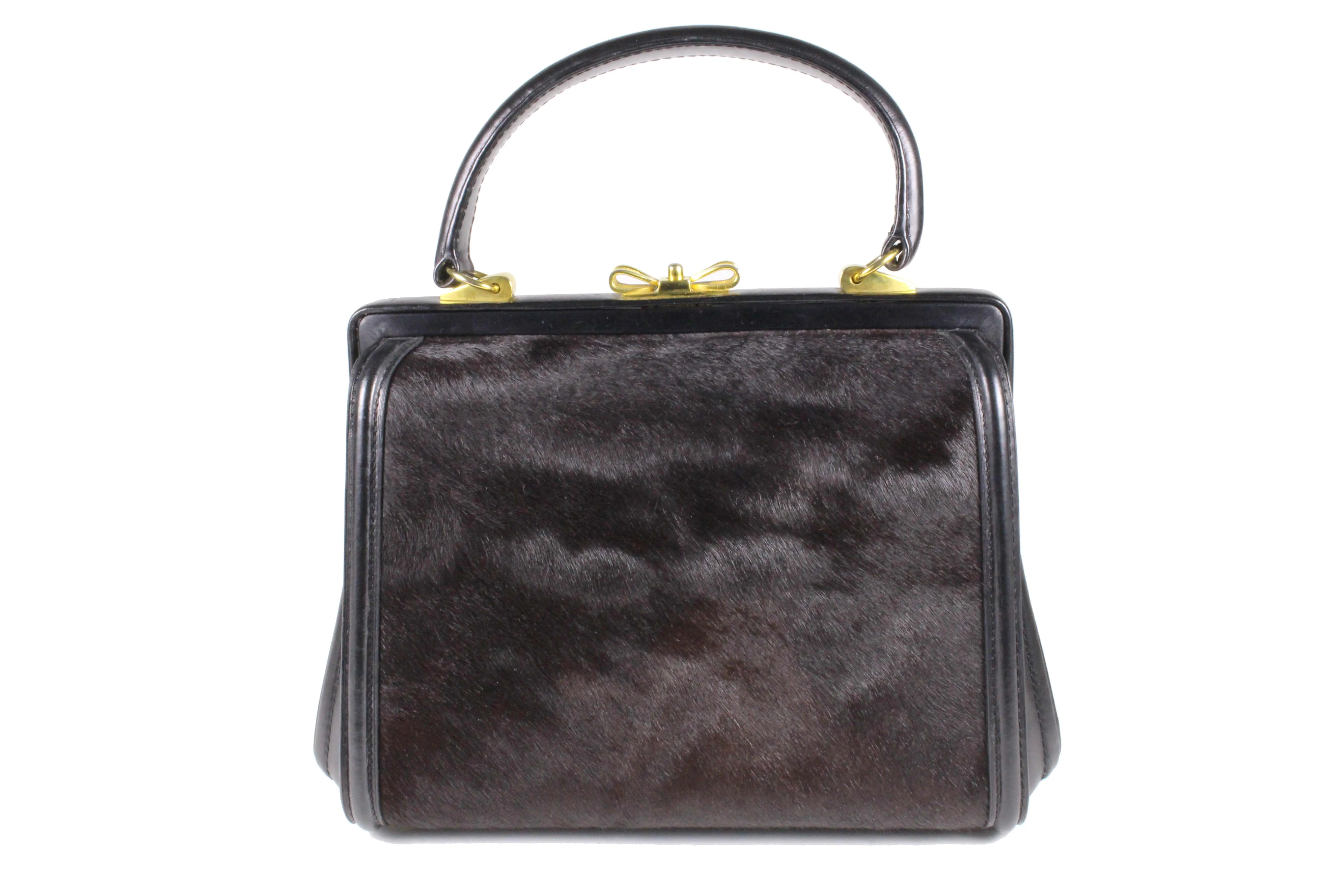 Black leather and brown fur frame handbag