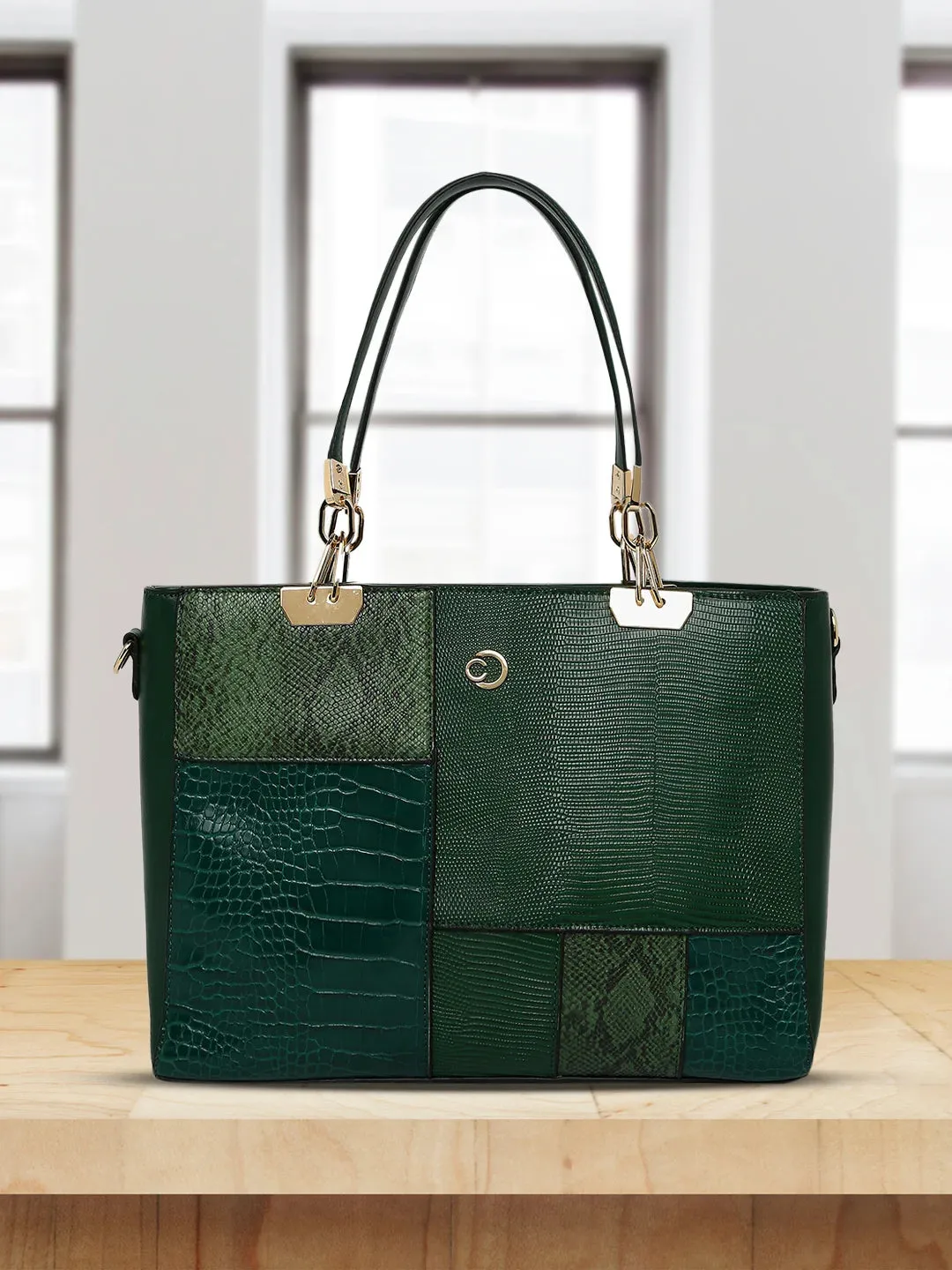 Caprese Ariana Tote Medium Self Deisgn Women'S Office Handbag Green