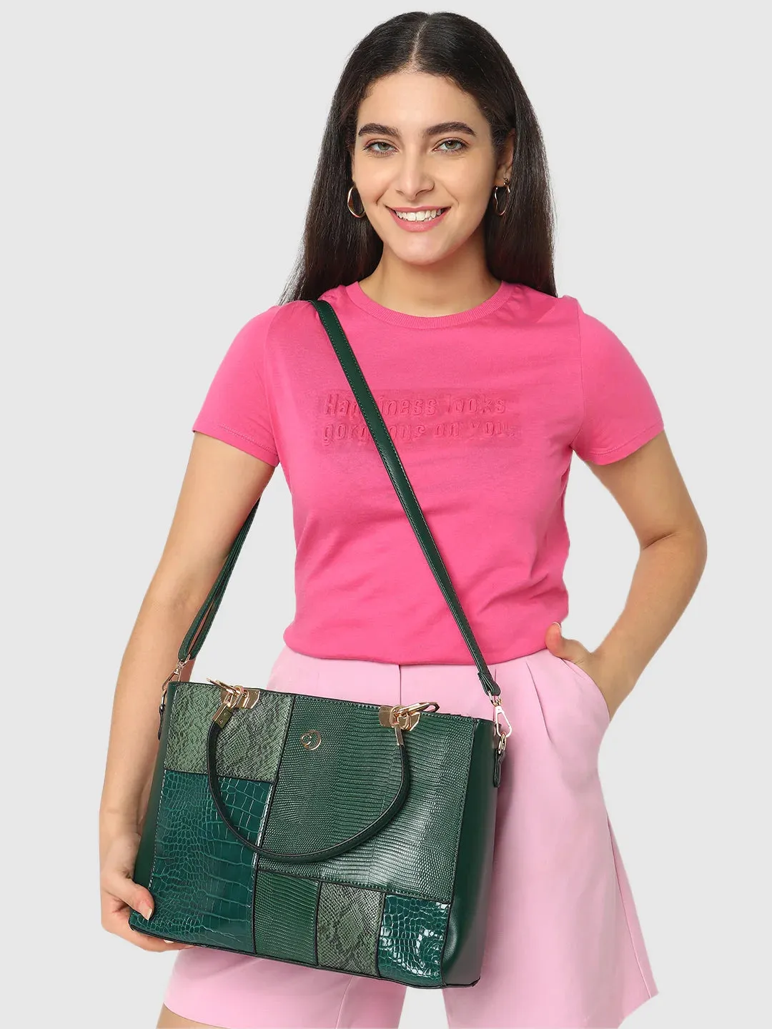 Caprese Ariana Tote Medium Self Deisgn Women'S Office Handbag Green