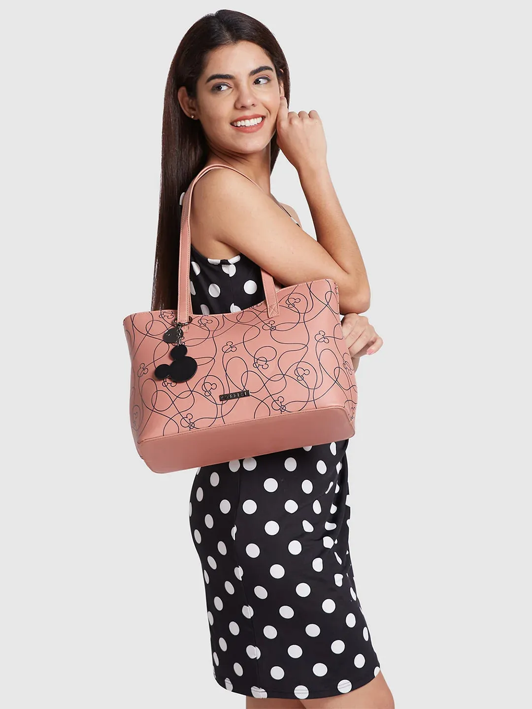 Caprese Disney Inspired Printed Mickey Mouse Collection Satchel Medium Handbag Dull Pink all