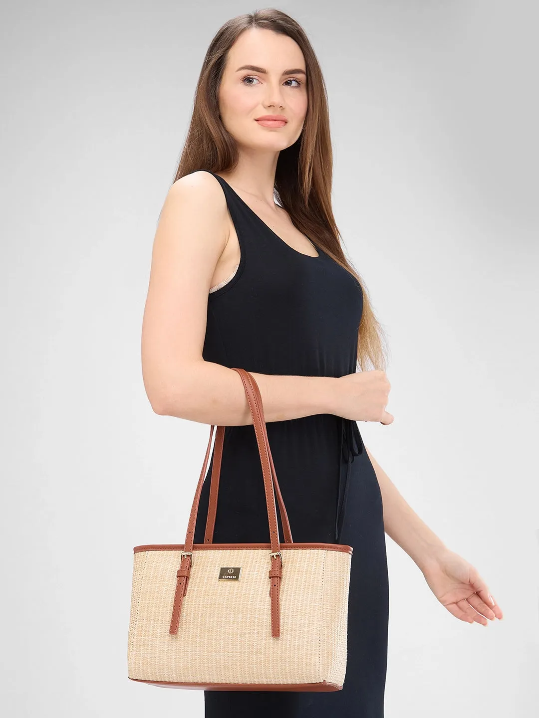 Caprese Georgia Tote Medium Self Design Womens Handbag Brown