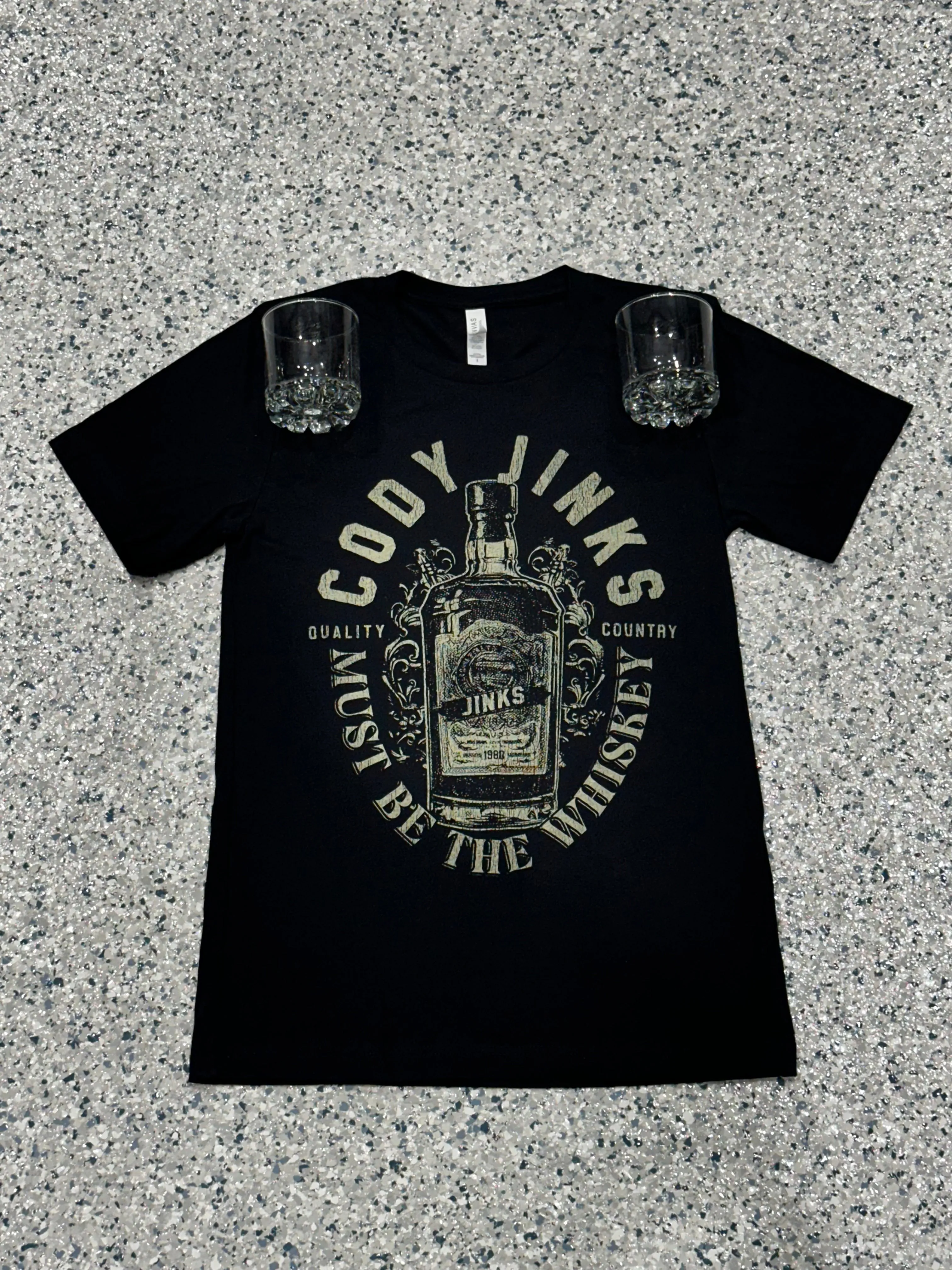 CJ Whiskey Bottle Shirt and Whiskey Glasses