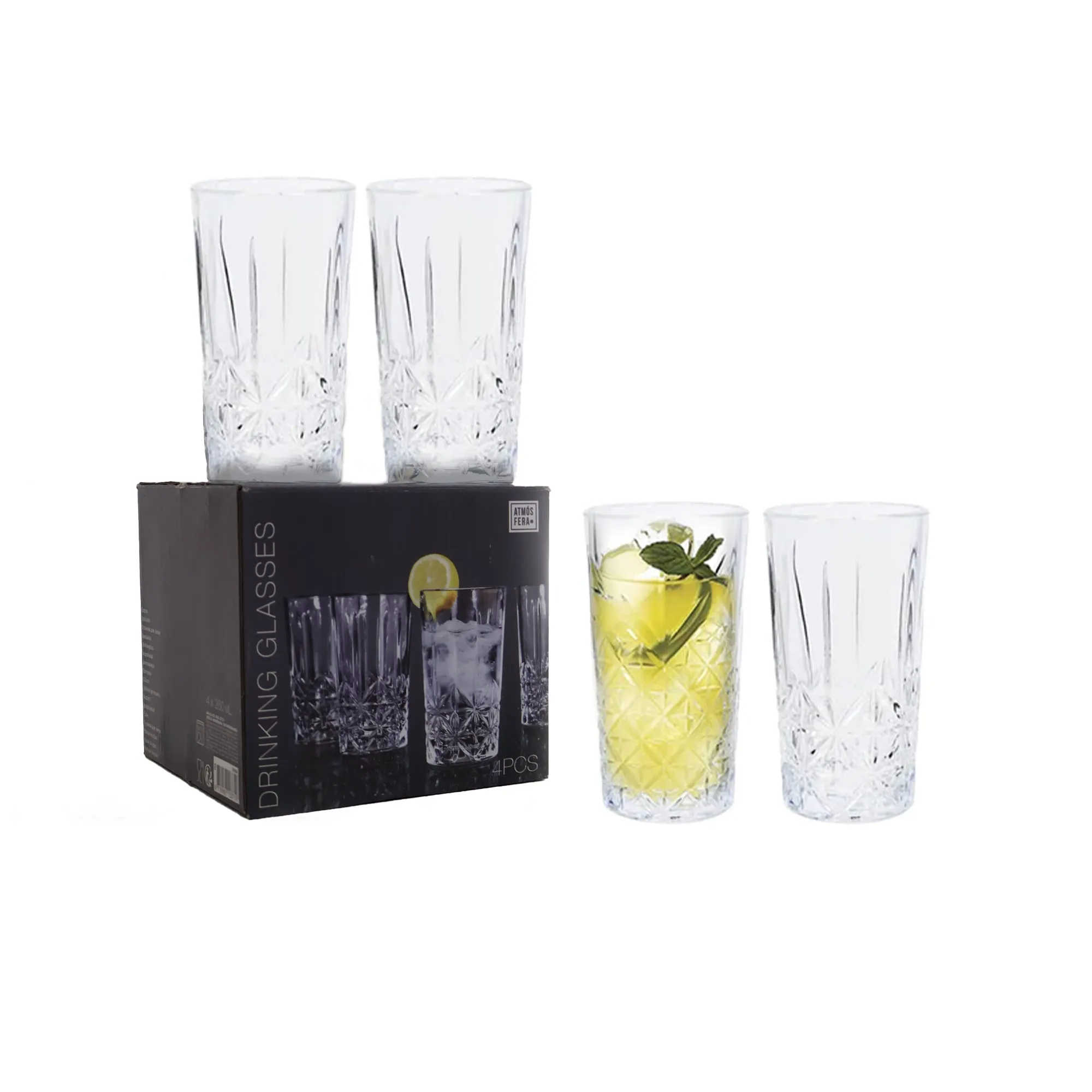 Diamond Cut Highball Drinking Glasses - 260ml - Set of 4