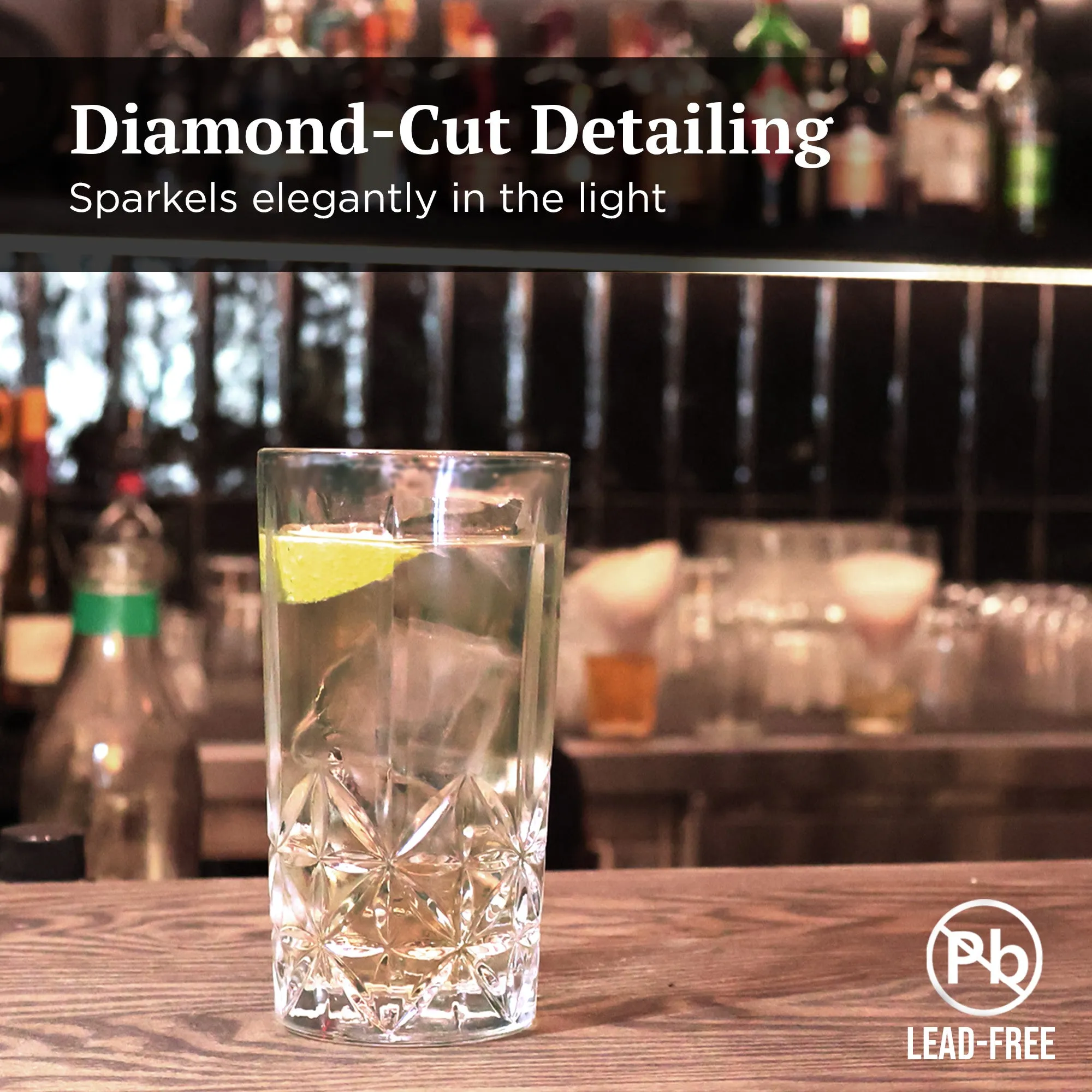 Diamond Cut Highball Drinking Glasses - 260ml - Set of 4