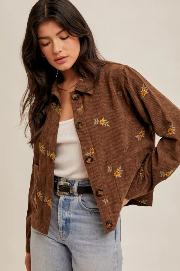 Embroidered Corduroy Button Down Jacket