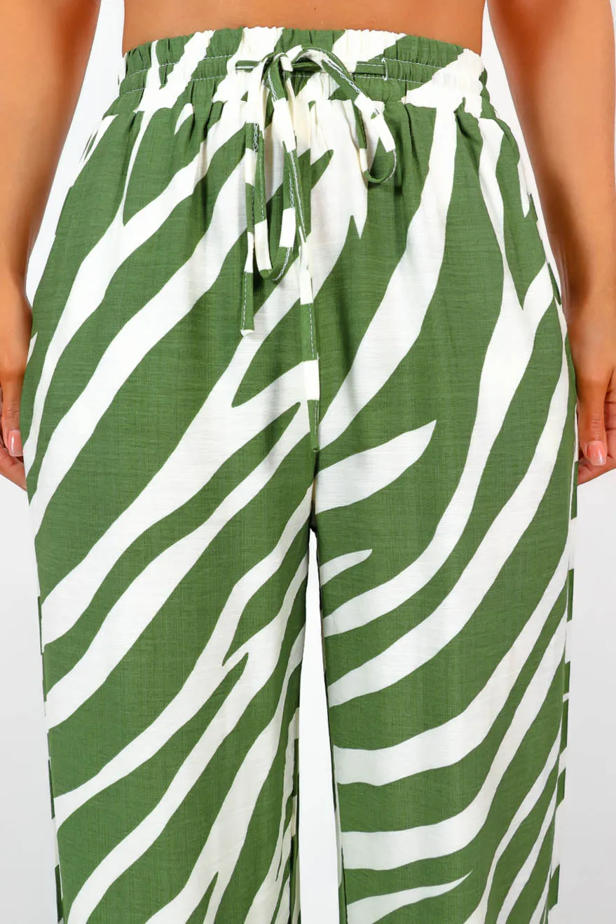 Far and Wide - Green White Zebra Wide-Leg Trousers