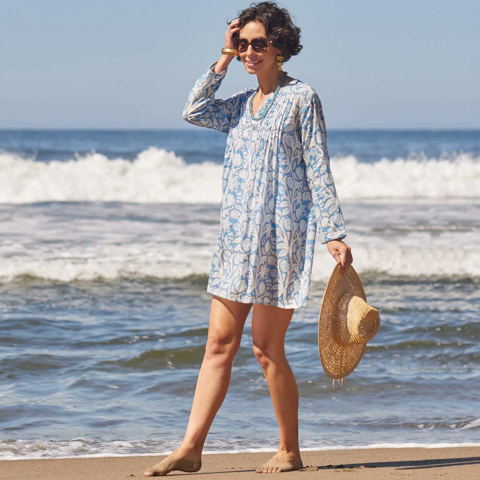 Far East Blue blu Cotton Pintuck Beach Cover Up