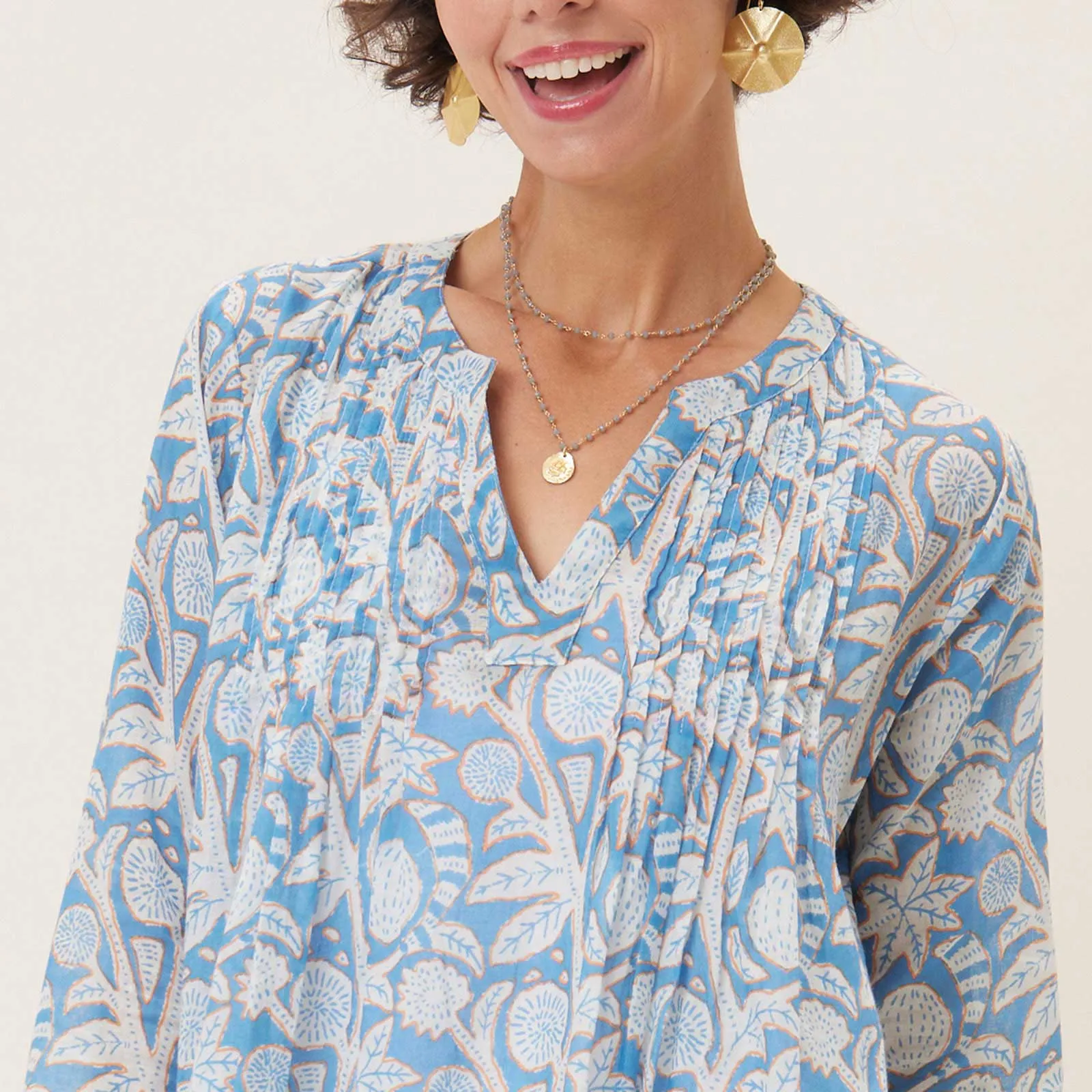 Far East Blue blu Cotton Pintuck Beach Cover Up