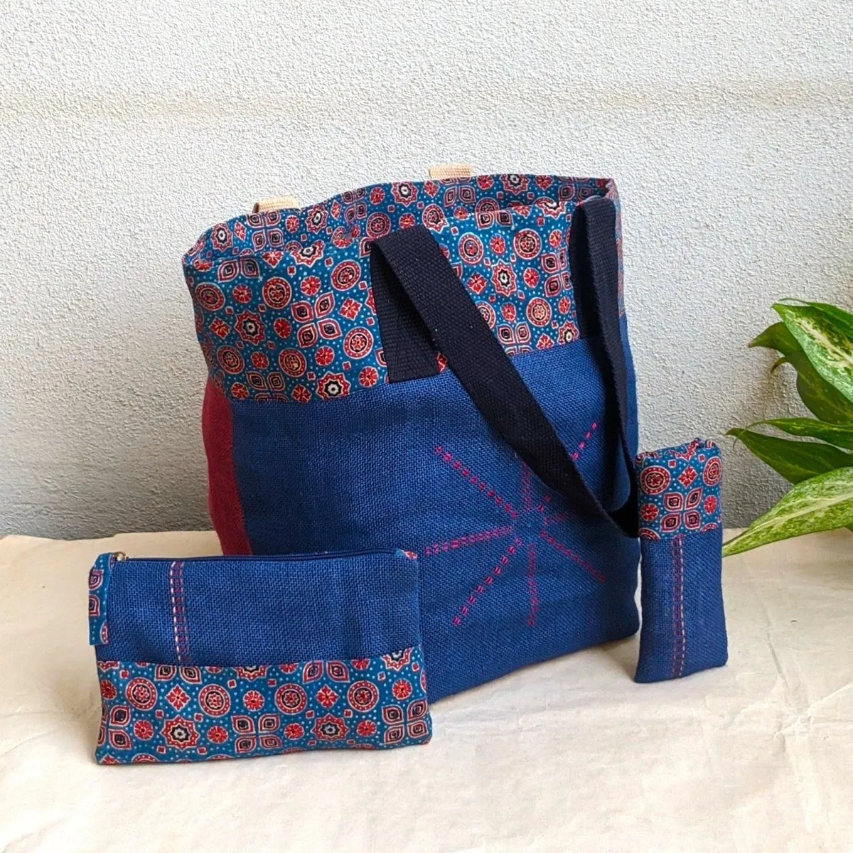 Jute Reversible Market Bag, Pouch, Glasses Case Combo