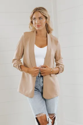 Khaki Ruched Sleeve Blazer