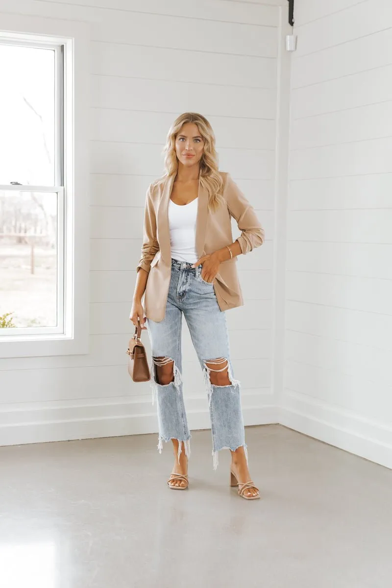 Khaki Ruched Sleeve Blazer