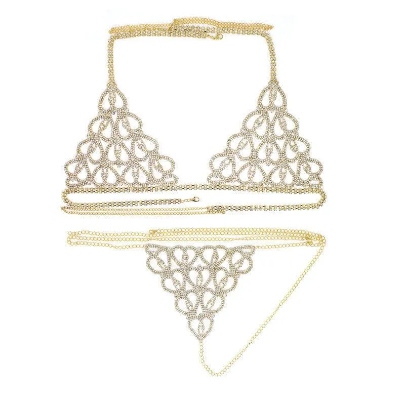 Rhinestone Claw Chain Body Chain Set Sexy Bra Panty Set Lingerie Show