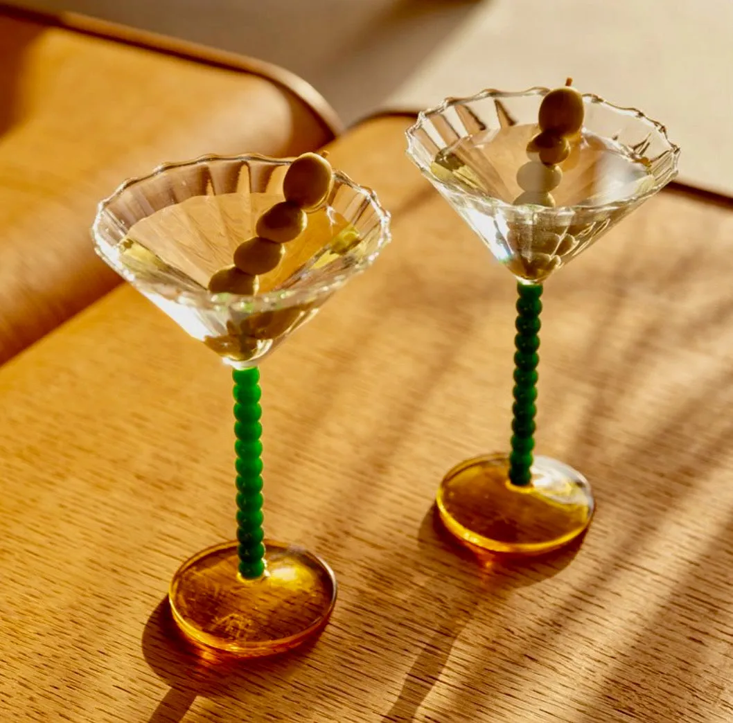 Set Of Two Green Amber Cocktail Glasses. Pre order late November