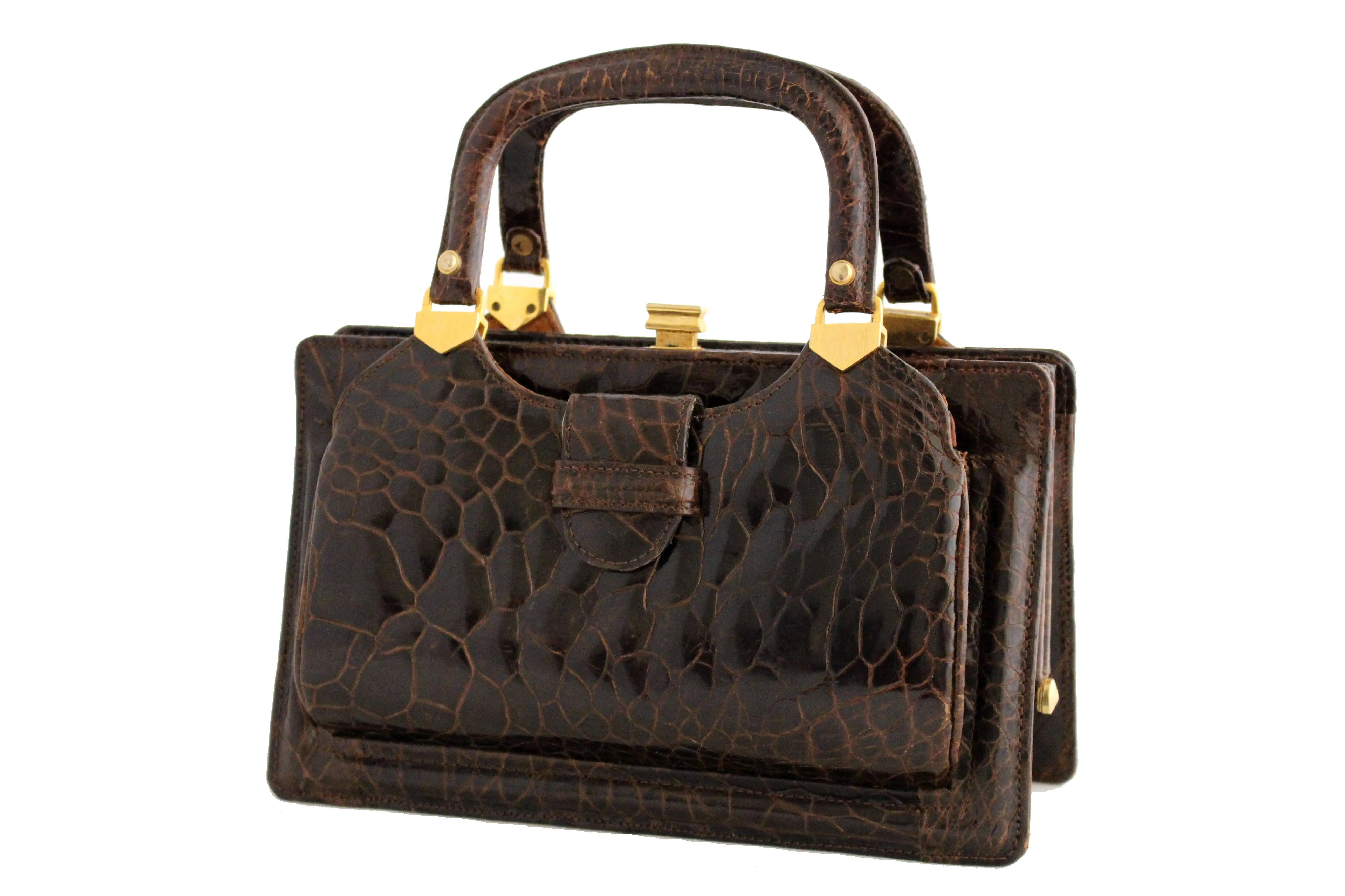 Small brown turtle skin handbag with twin handles